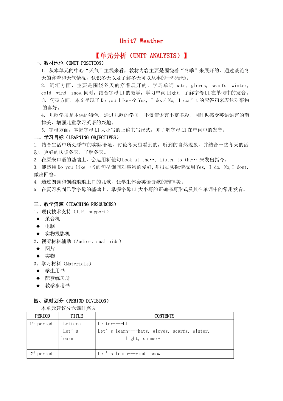 二年级英语上册 Unit7 Weather（1-3）教案 沪教牛津版_第1页