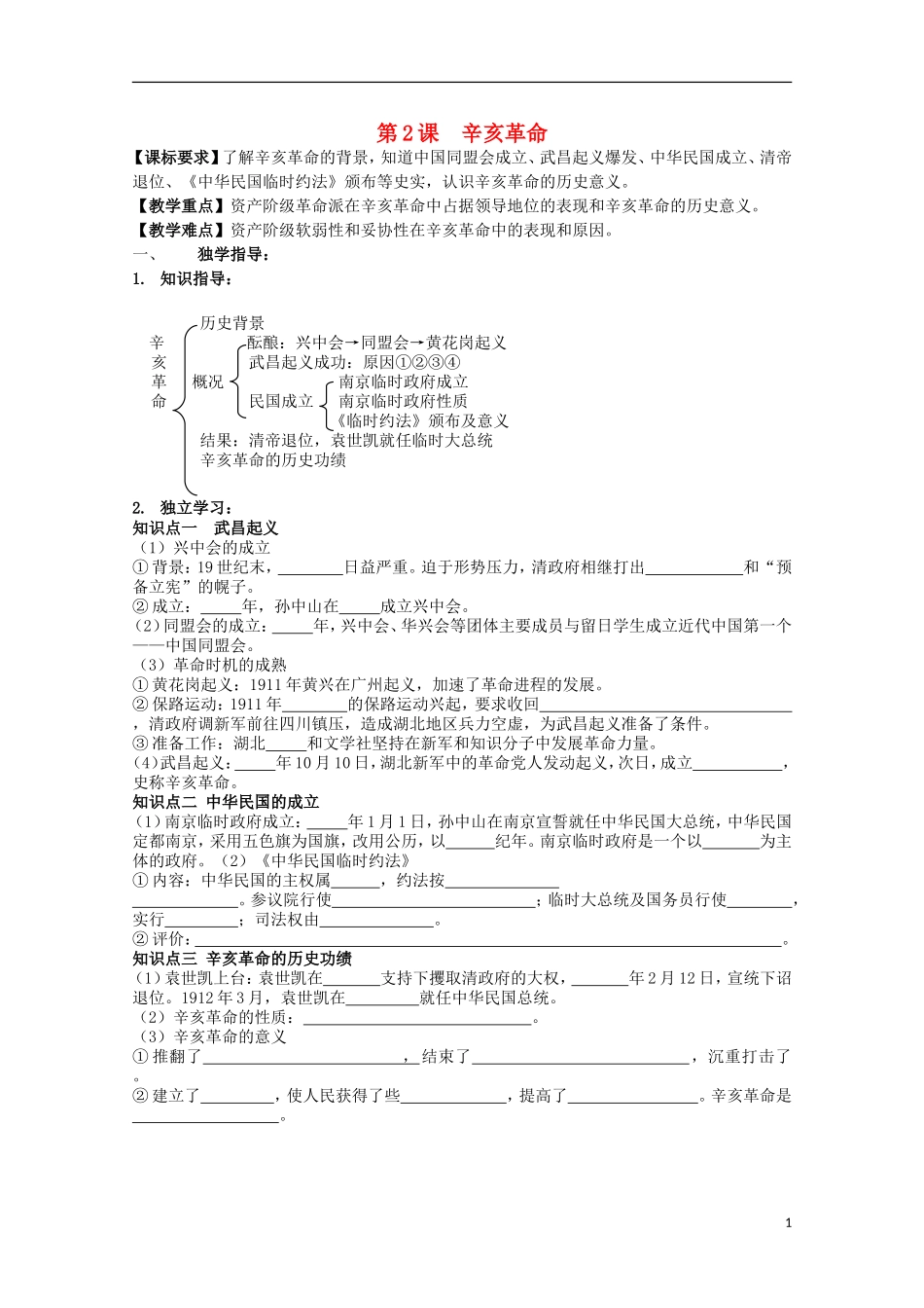 重庆市江津五中高中历史 专题三《第2课 辛亥革命》复习教案 人民版必修1_第1页