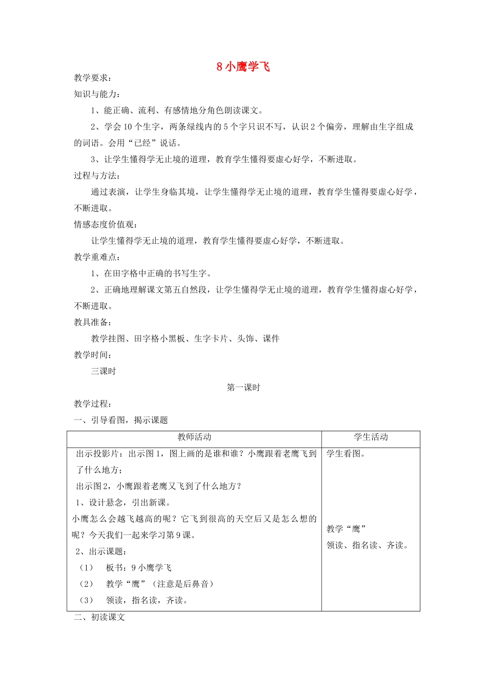 二年级语文上册 8 小鹰学飞教案 苏教版-苏教版小学二年级上册语文教案_第1页