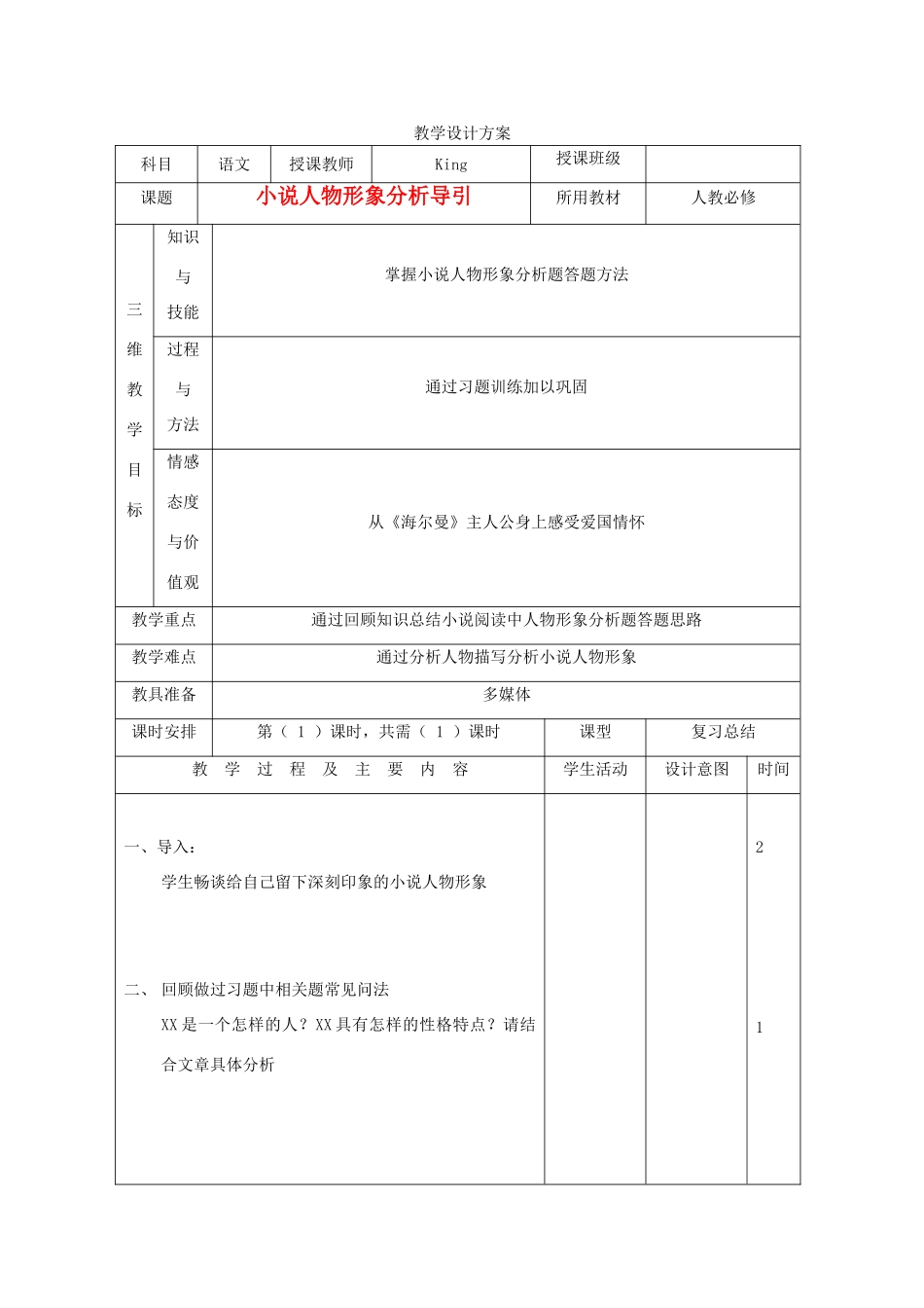 2012高考语文 小说人物形象分析导引专题复习教案_第1页