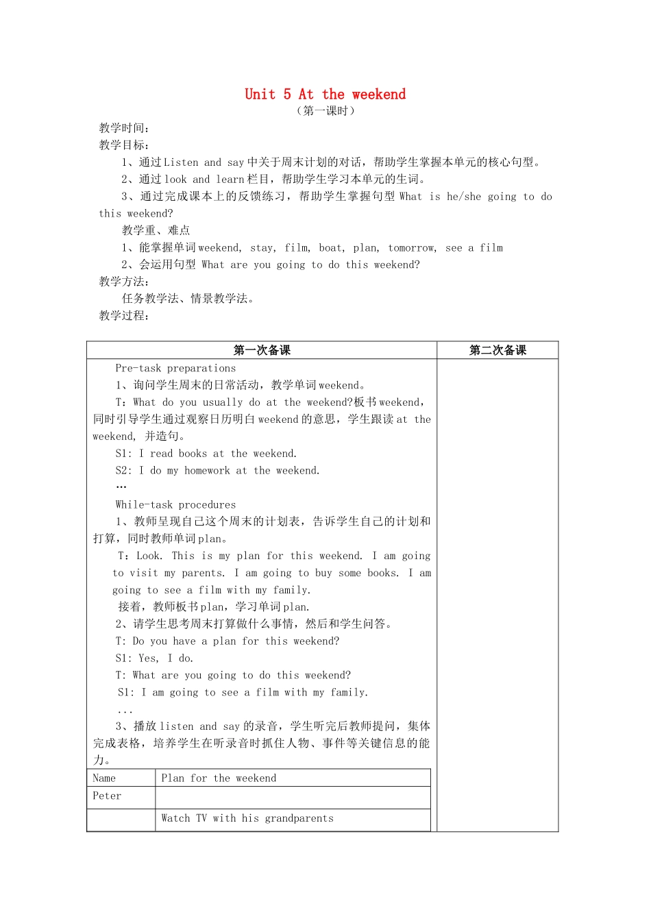 五年级英语上册 Module 2 Relationships Unit 5《At the weekend》教案 牛津上海版（三起）-牛津上海版小学五年级上册英语教案_第1页