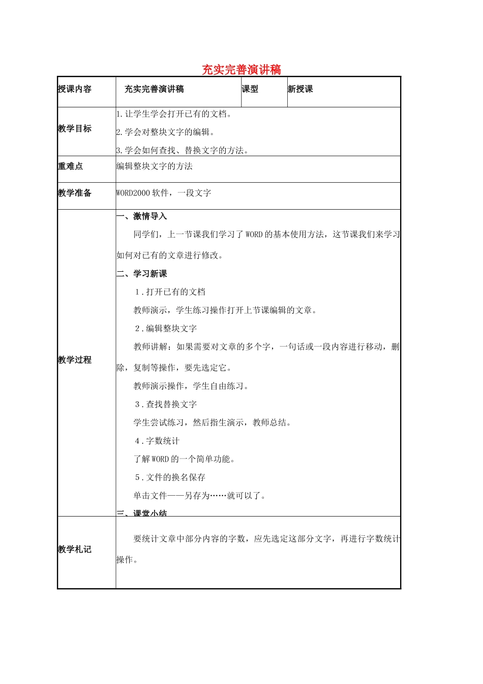 二年级信息技术下册 充实完善演讲稿 1教案 泰山版_第1页