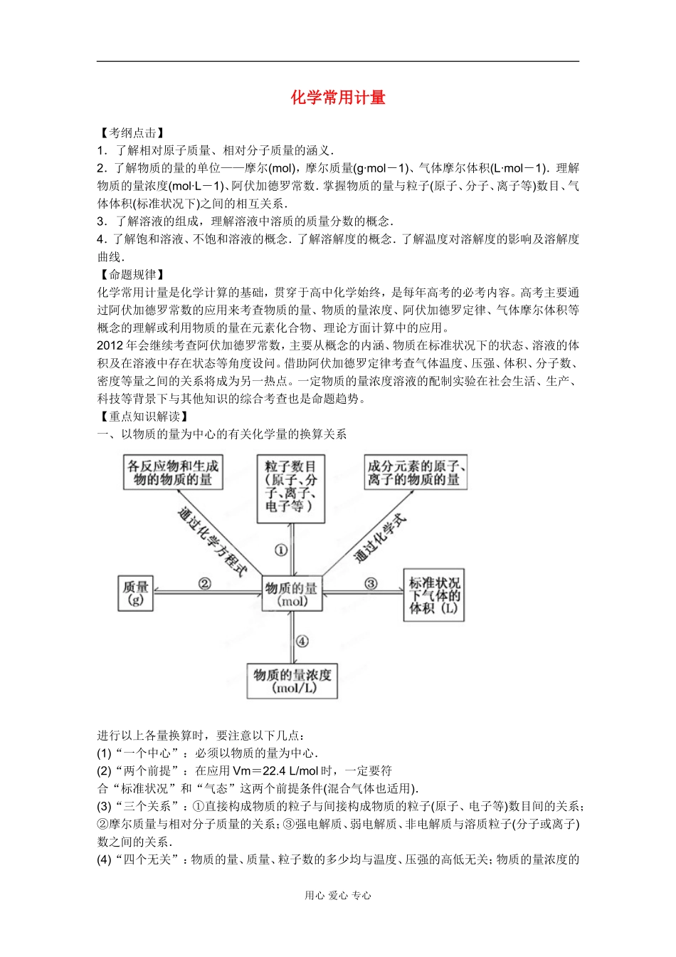 2012年高考化学二轮 专题训练 专题二 化学常用计量教案（教师版）_第1页