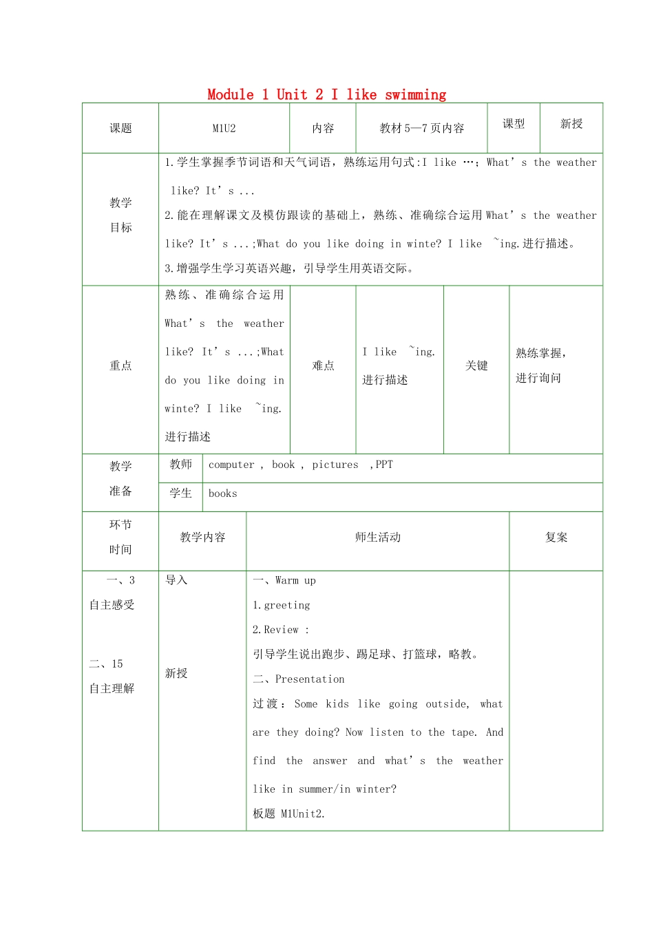 二年级英语下册 Module 1 Unit 2 I like swimming教案 外研版（一起）-外研版小学二年级下册英语教案_第1页