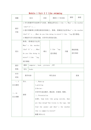 二年级英语下册 Module 1 Unit 2 I like swimming教案 外研版（一起）-外研版小学二年级下册英语教案