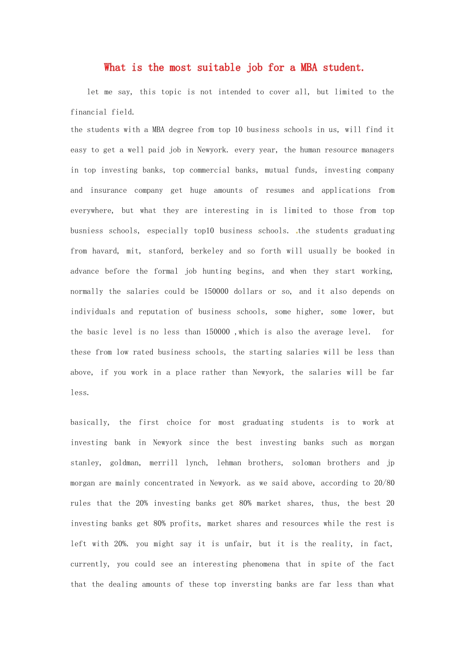 2014年秋高中英语 Module 2 A Job Worth Doing What is the most suitable job for a MBA student训练 外研版必修5_第1页