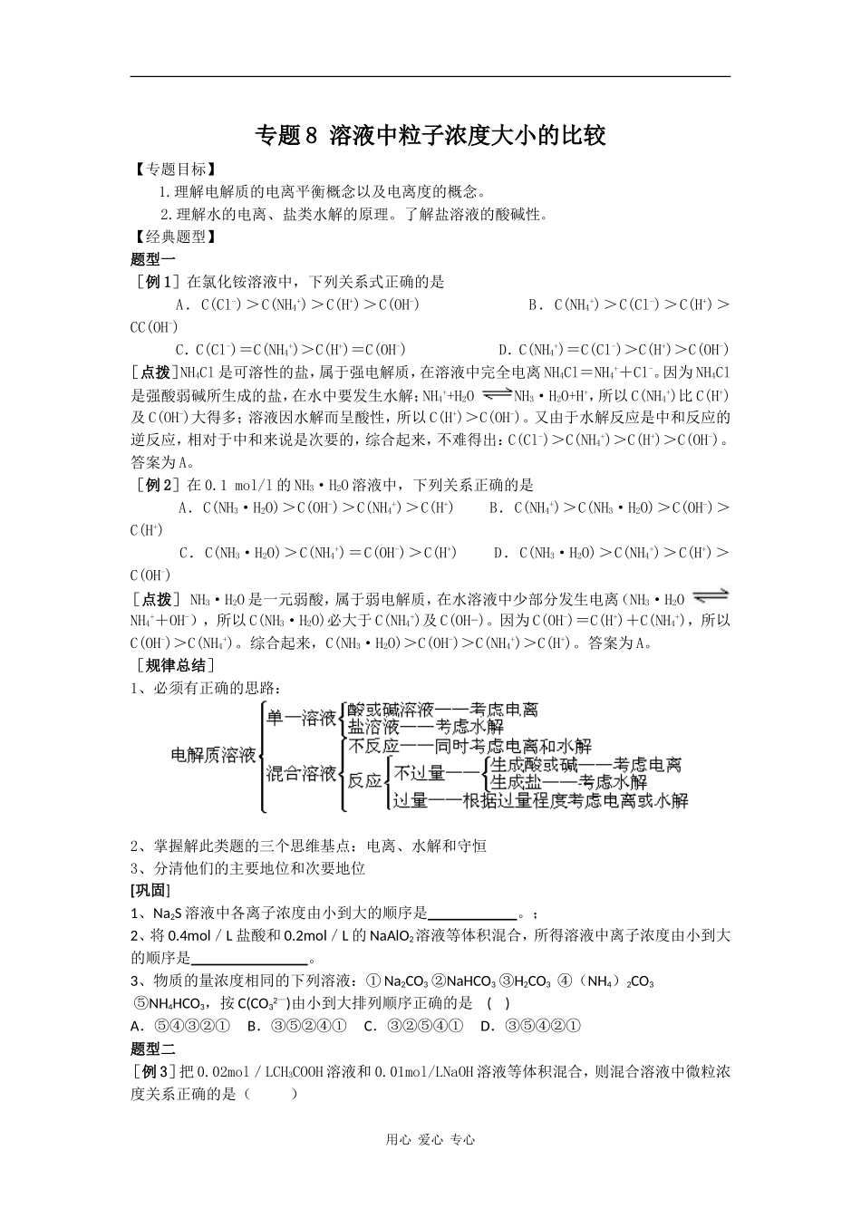 2009高三化学第二轮专题复习精美教案8：溶液中粒子浓度大小的比较_第1页