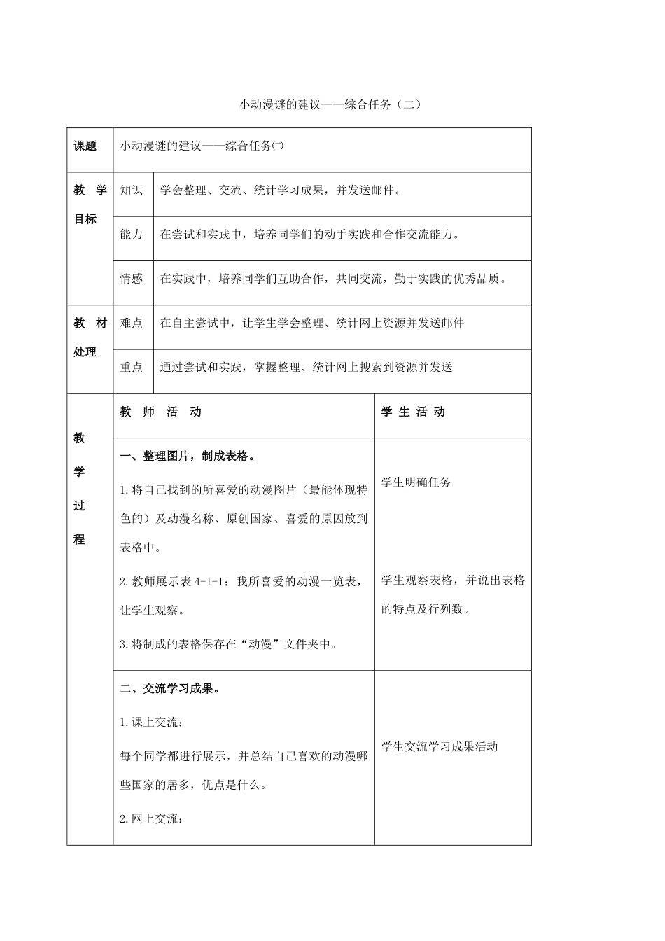 二年级信息技术上册 小动漫谜的建议——综合任务 1 第二课时教案 河大版_第1页