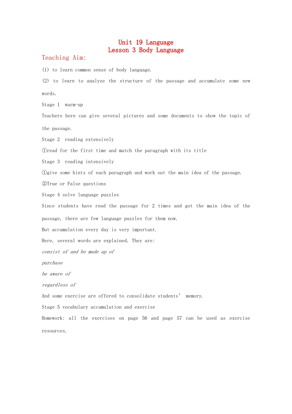 2012高中英语 Unit19 Lesson 3 Body Language Languag教案 北师大版选修7_第1页