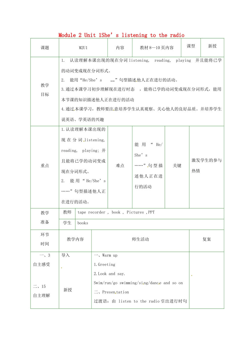二年级英语下册 Module 2 Unit 1She’s listening to the radio教案2 外研版（一起）-外研版小学二年级下册英语教案_第1页