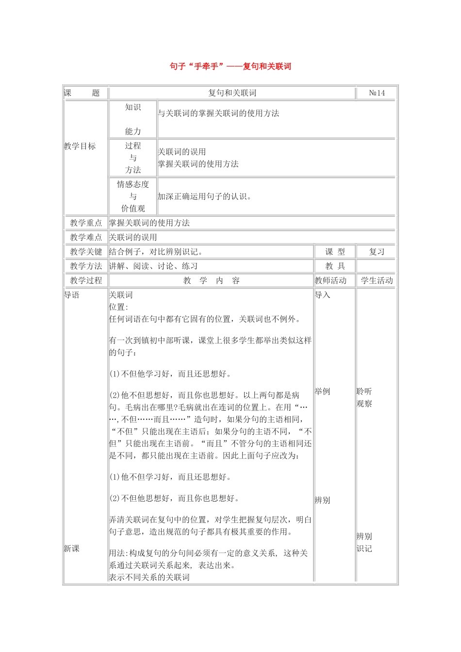 2013高考语文一轮复习《语言文字应用》《句子“手牵手”—复句和关联词》教案 新人教版选修_第1页