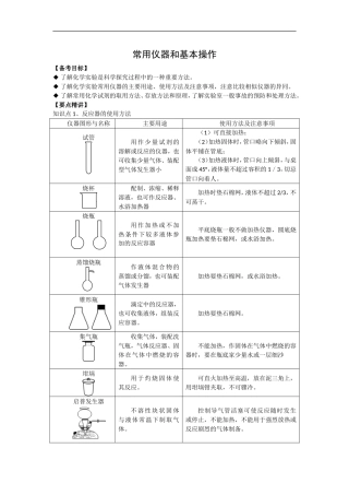 2009届高三化学一轮复习教案28 ——化学实验：常用仪器和基本操作
