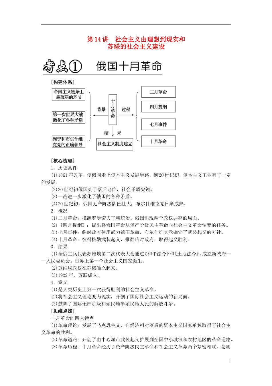 2013年高考历史二轮专题复习讲义 第14讲 社会主义由理想到现实和苏联的社会主义建设_第1页