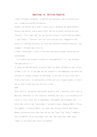 2014年秋高中英语 Module 1 British and American English American vs. British English训练 外研版必修5