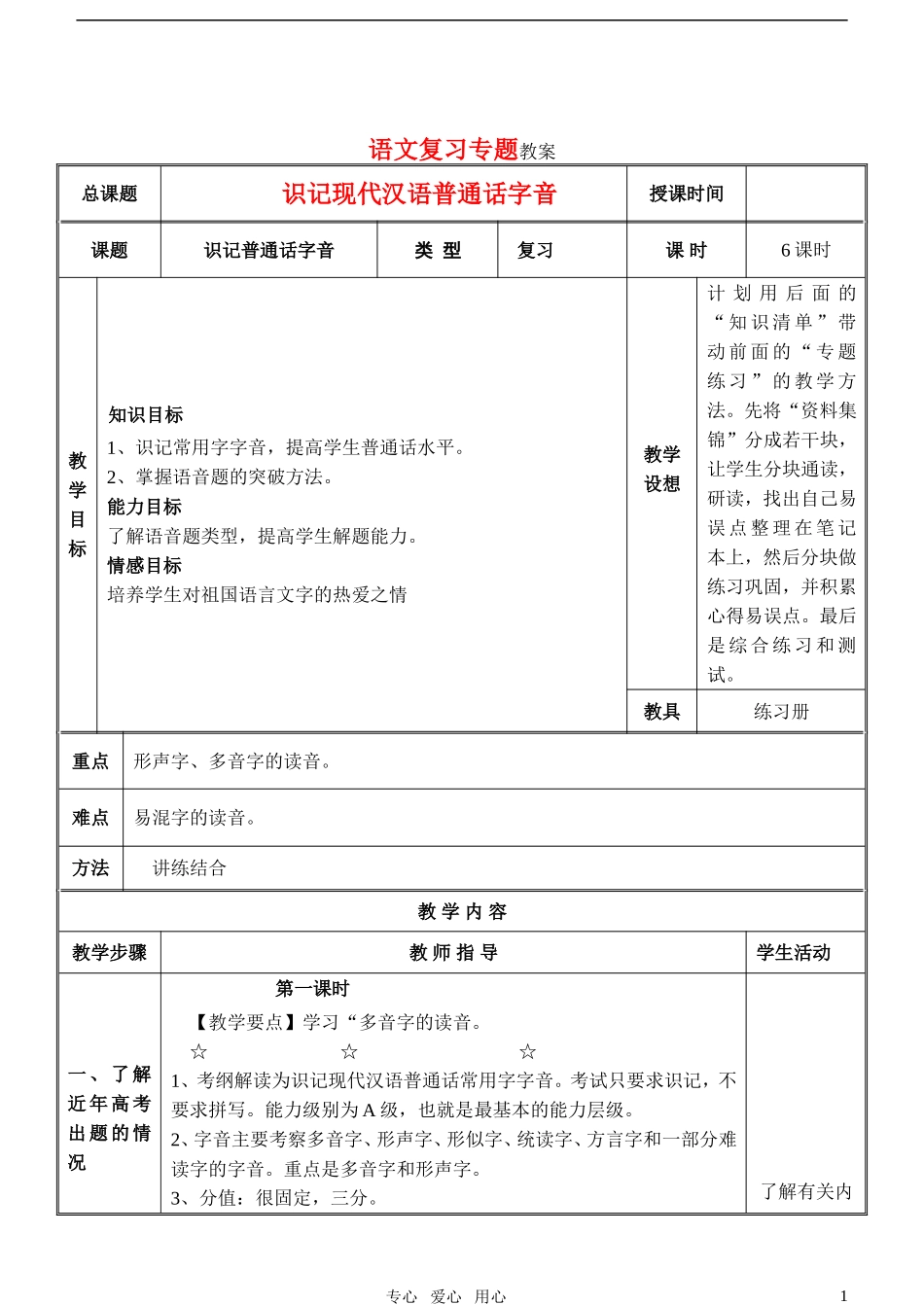 2011届高考语文复习字音专题教案_第1页