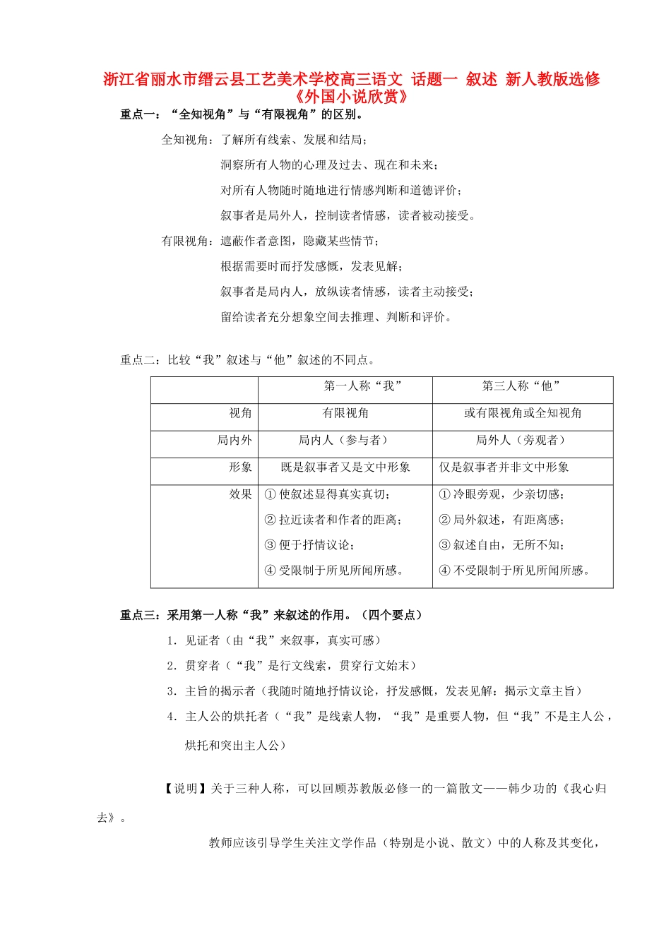 浙江省丽水市缙云县工艺美术学校高考语文 话题一 叙述 新人教版选修《外国小说欣赏》_第1页