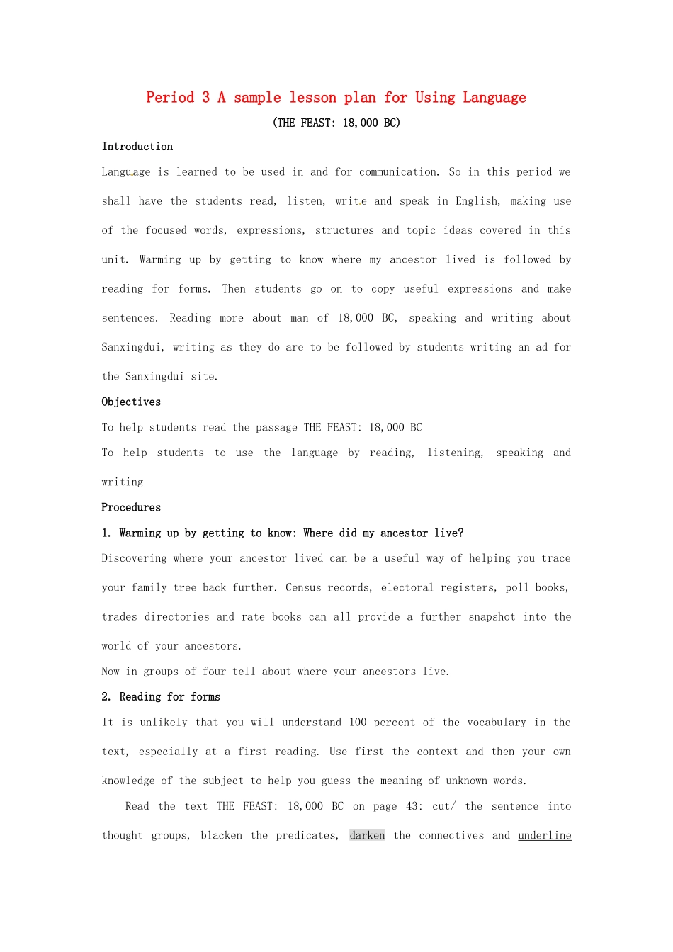 2014-2015学年高中英语 Unit 5 Period 3 A sample lesson plan for Using Language教学设计 新人教版选修8_第1页