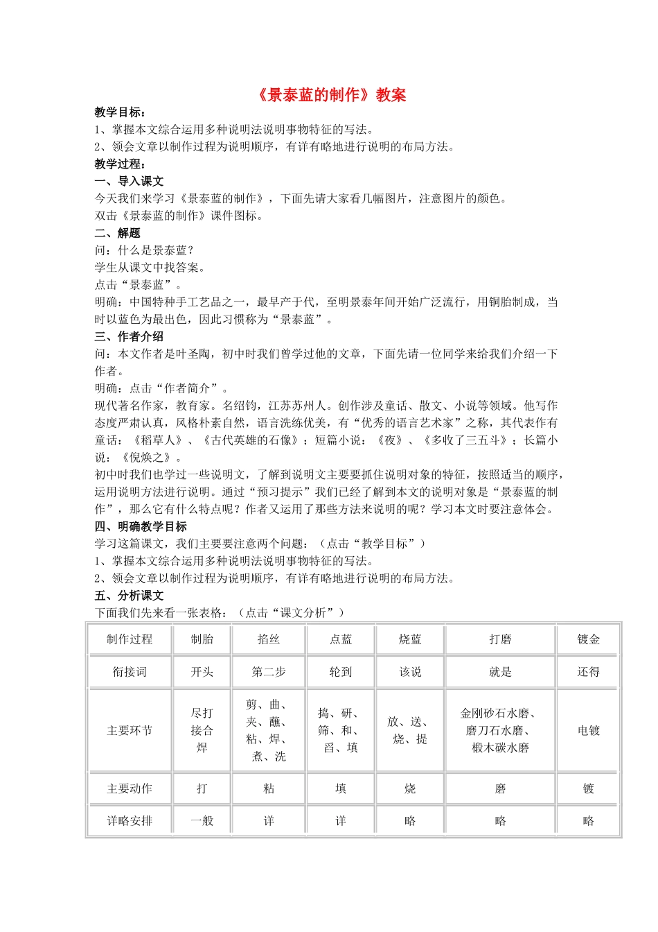 2012届高二语文 1.3.1《景泰蓝的制作》教案 苏教版必修5_第1页
