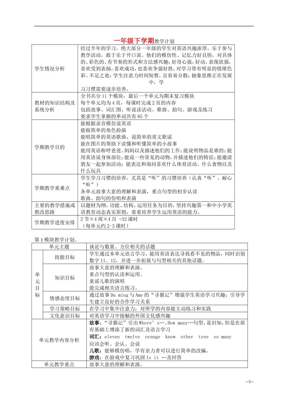 一年级英语下册 Module1教案 外研版（一起）_第1页