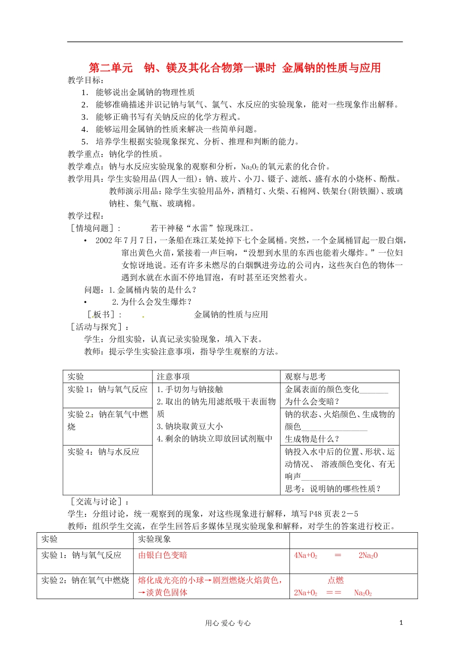 2012-2013学年高中化学 2.2.1《金属钠的性质与应用》同步教案1 苏教版必修1_第1页