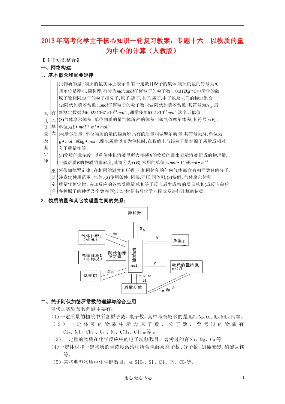 2013年高考化学主干核心知识一轮复习 专题十六 以物质的量为中心的计算教案 新人教版_第1页