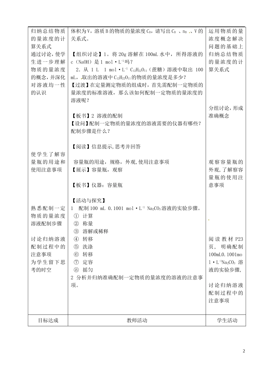 浙江省义乌市第三中学高中化学 5溶液的配制及分析教学设计 新人教版必修1_第2页