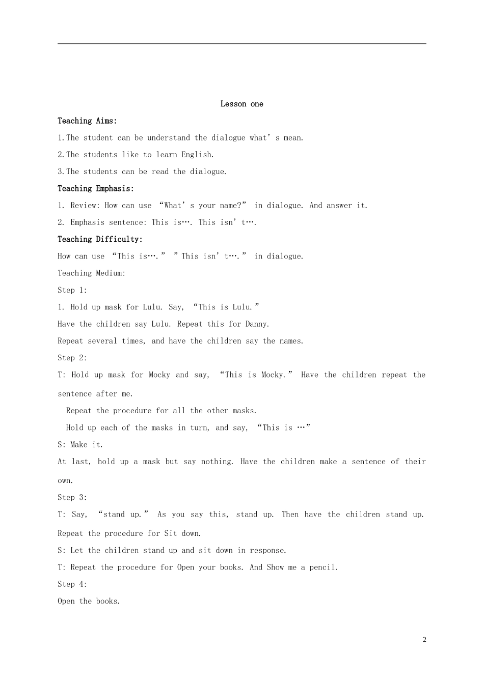 二年级英语上册 Unit2 Lesson1-2教案 北师大版_第2页