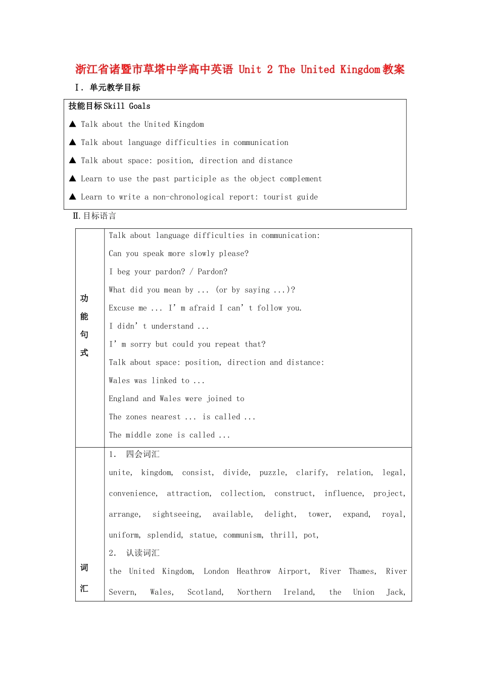 浙江省诸暨市草塔中学高中英语 Unit 2 The United Kingdom教案_第1页