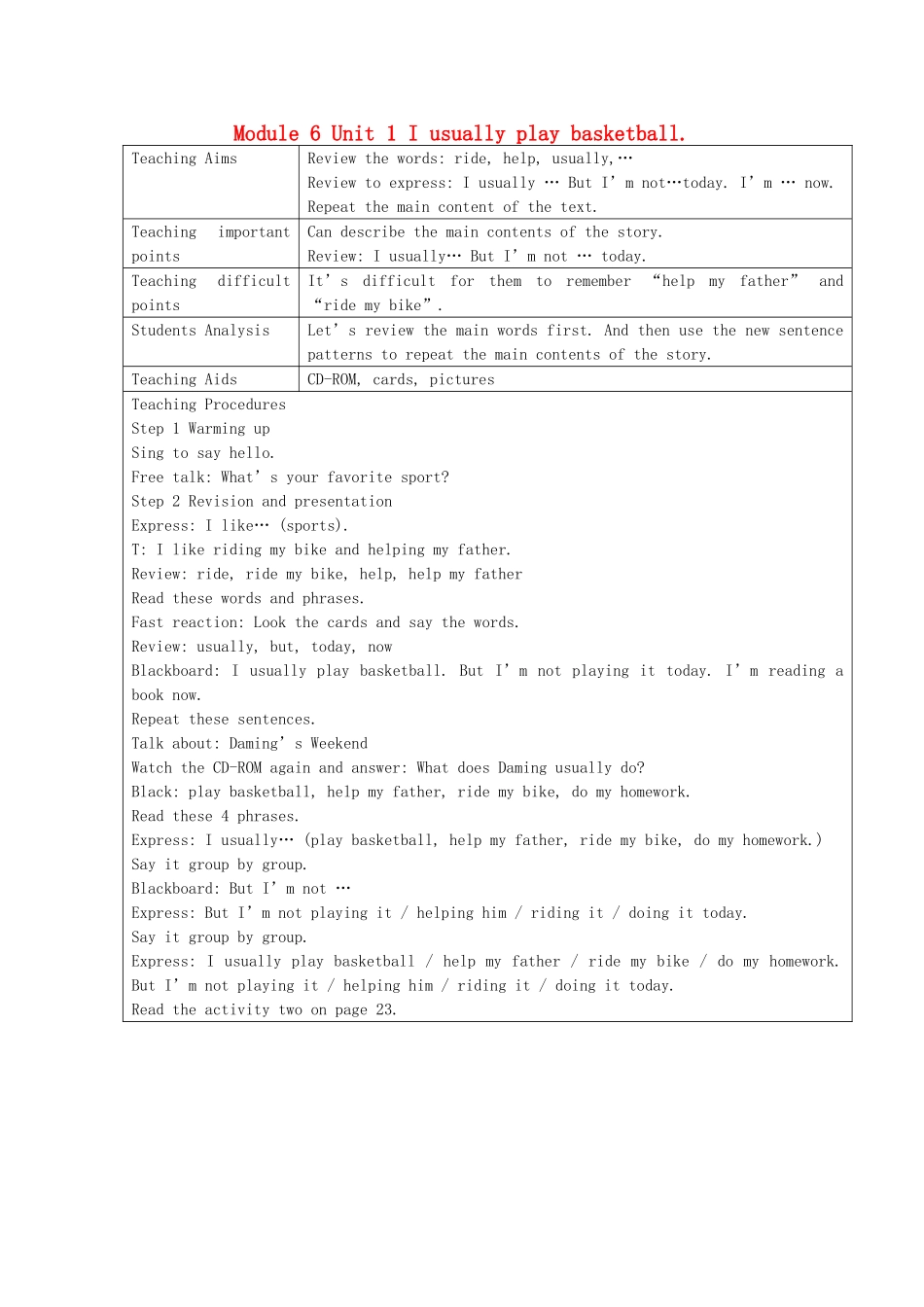 二年级英语下册 Module 6 Unit 1 I usually play basketball教案设计1 外研版（一起）-外研版小学二年级下册英语教案_第1页