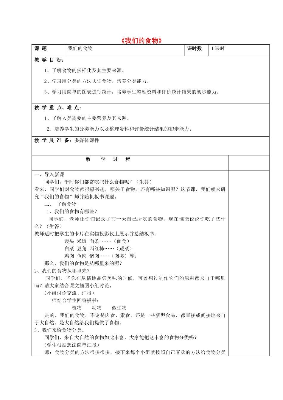 五年级科学下册《我们的食物》表格式教案 青岛版_第1页