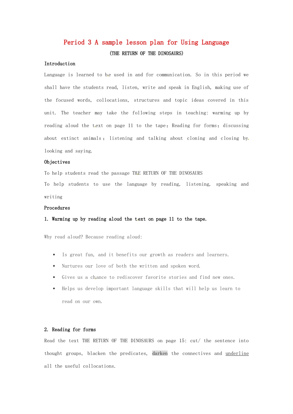 2014-2015学年高中英语 Unit 2 Period 3 A sample lesson plan for Using Language教学设计 新人教版选修8_第1页