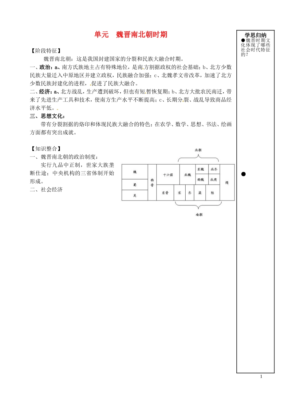 重庆市万州分水中学高三历史总复习 第三单元 魏晋南北朝时期教案 新人教版_第1页