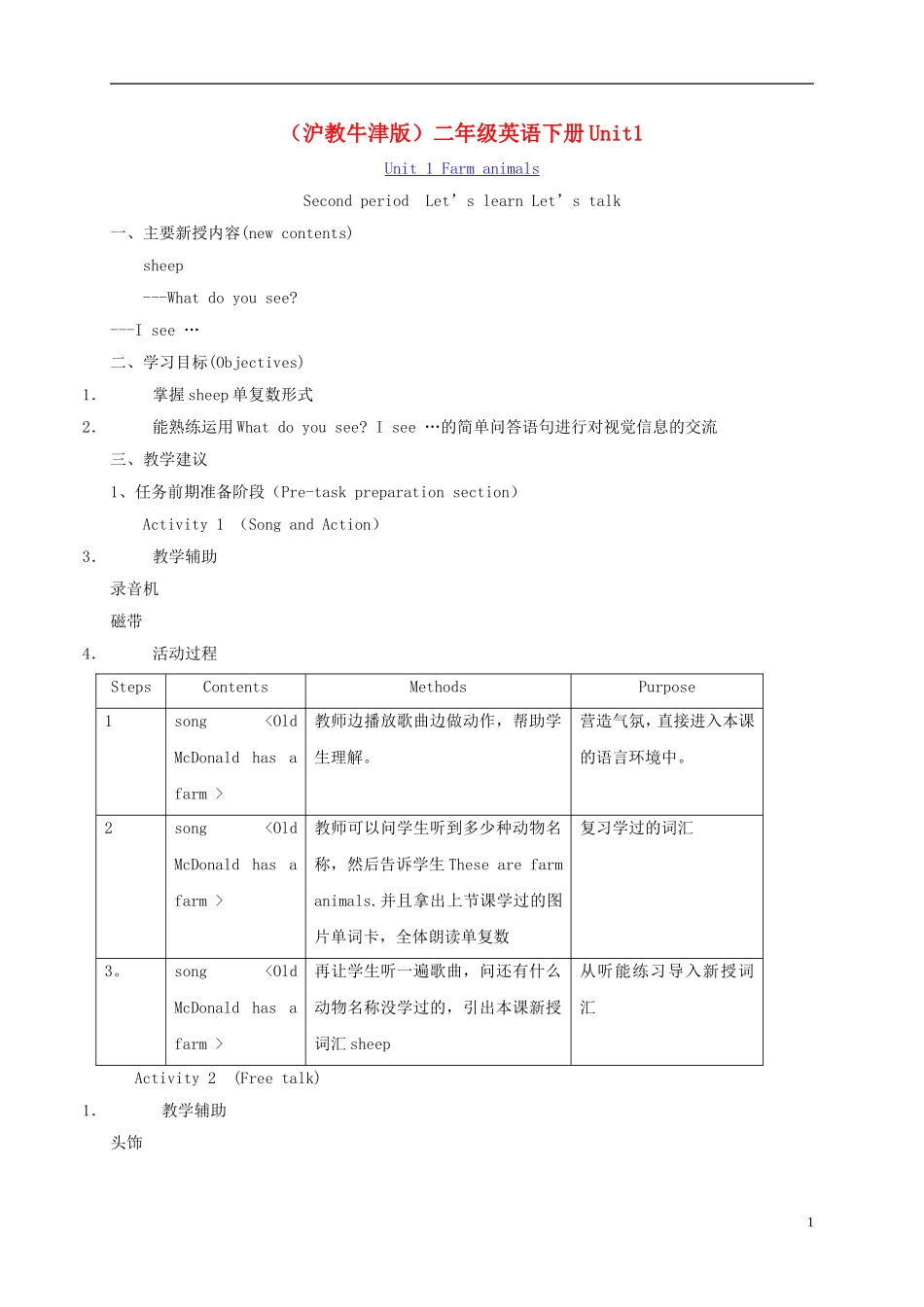二年级英语下册 unit1 Lesson2教案 沪教牛津版_第1页