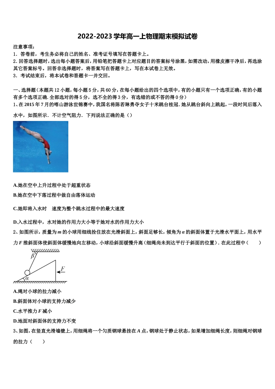 2022-2023学年四川省成都市蓉城名校联盟物理高一第一学期期末综合测试模拟试题含解析_第1页