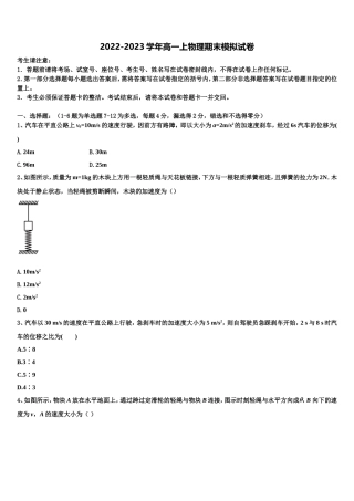 2022年上海市上海理工大学附属中学物理高一上期末达标测试试题含解析
