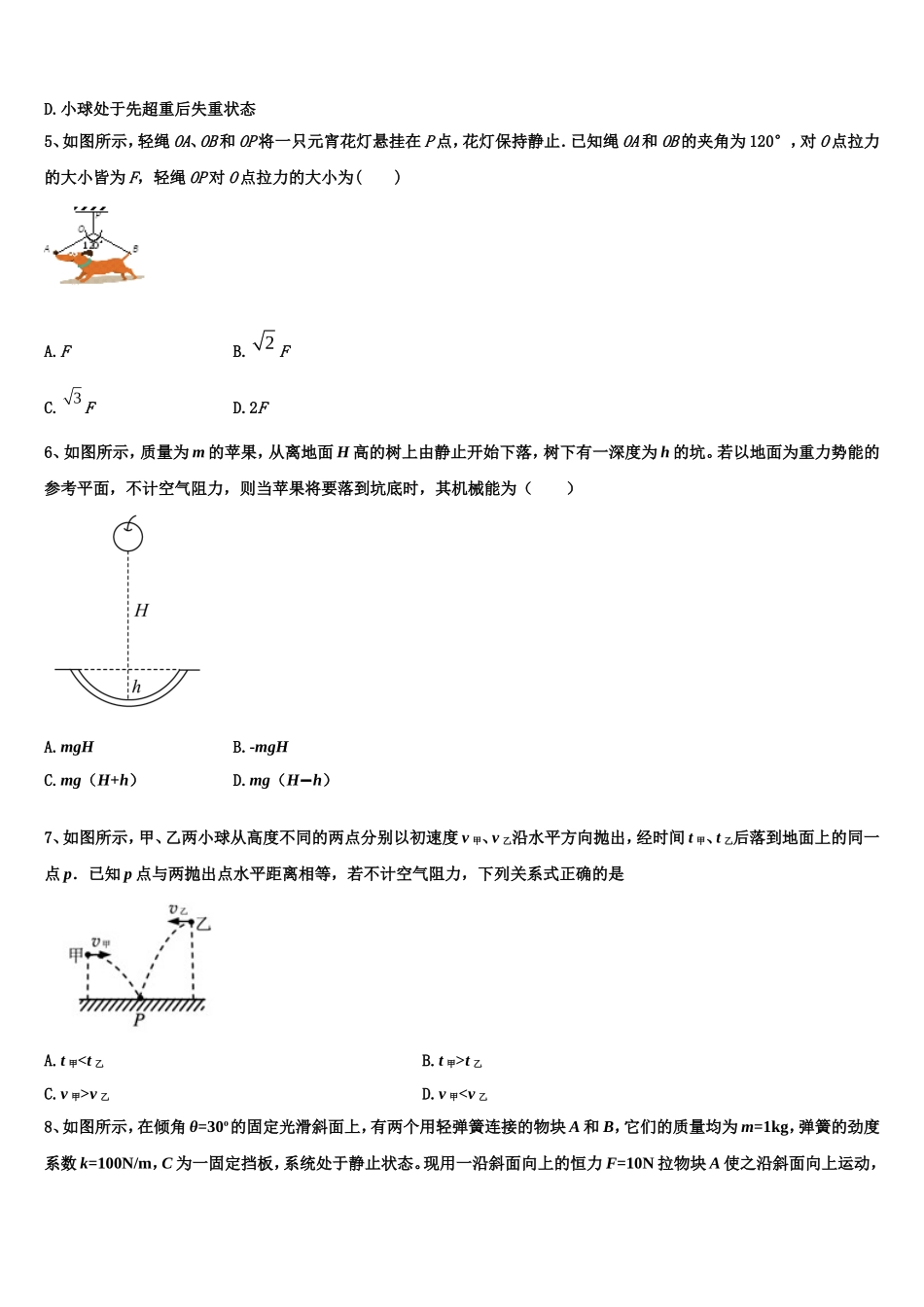 上海市同济大学第一附属中学2022-2023学年物理高一上期末教学质量检测模拟试题含解析_第2页