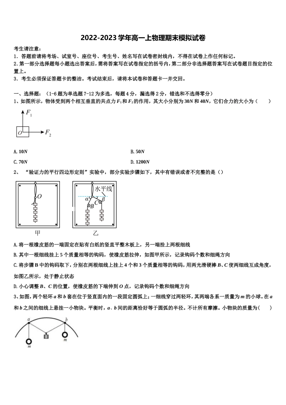 上海外国语大学附属中学2022年物理高一上期末检测模拟试题含解析_第1页