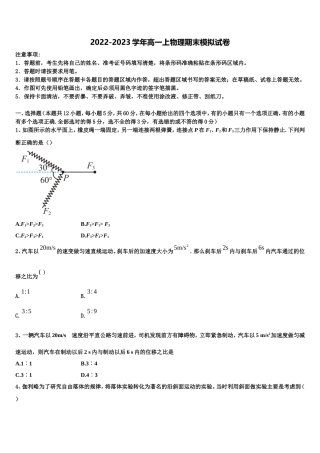 四川省绵阳中学资阳育才学校2022-2023学年高一物理第一学期期末复习检测模拟试题含解析