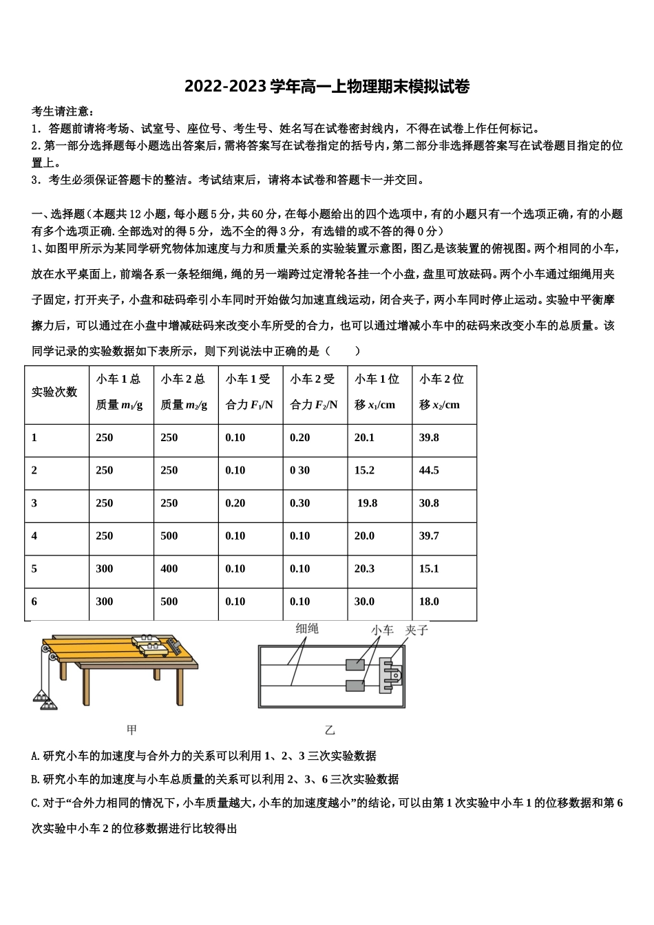 陕西省西安工业大学附中2022-2023学年物理高一上期末学业水平测试试题含解析_第1页
