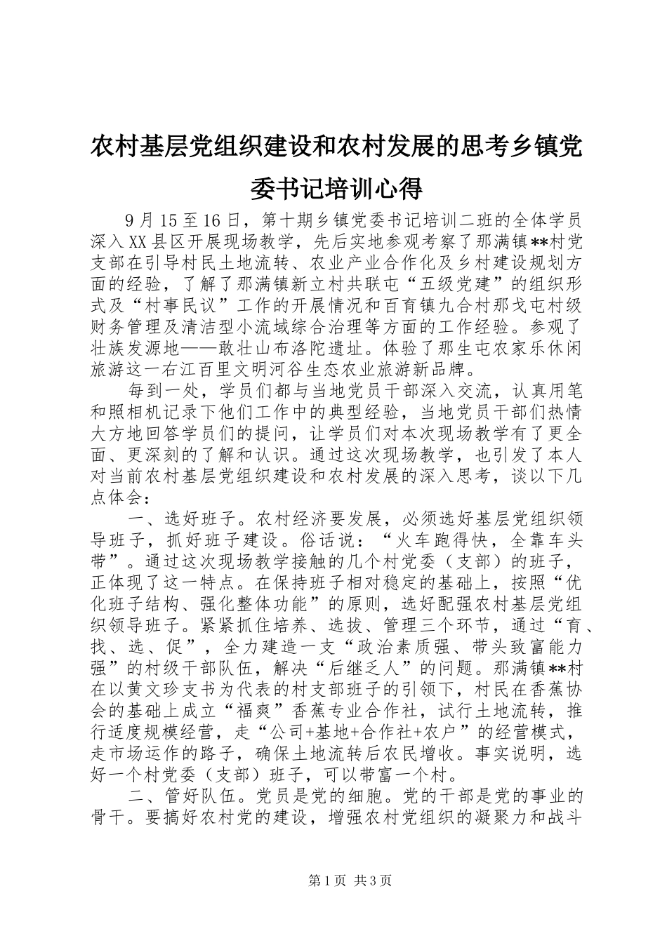 农村基层党组织建设和农村发展的思考乡镇党委书记培训心得_第1页