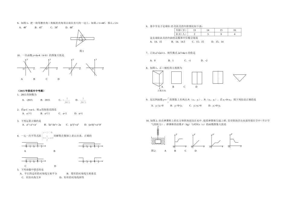一）中考数学选择题专项训练（娄底）_第2页