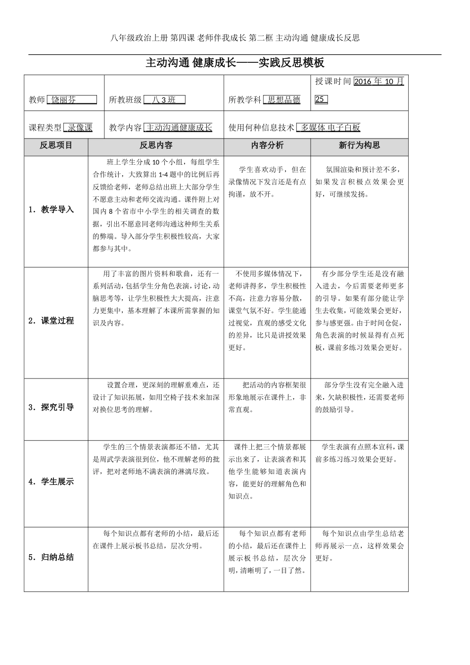 饶丽芬第四次作业主动沟通健康成长实践反思模板_第1页