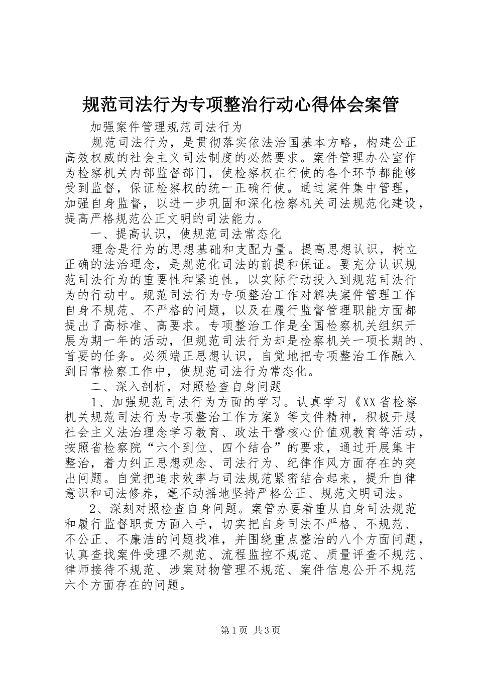 规范司法行为专项整治行动心得体会案管_第1页