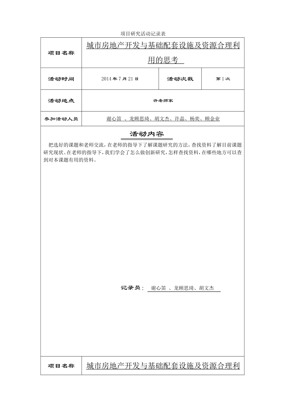 项目研究活动记录表《城市房地产开发与基础配套设施及资源合理利用的思考》_第1页