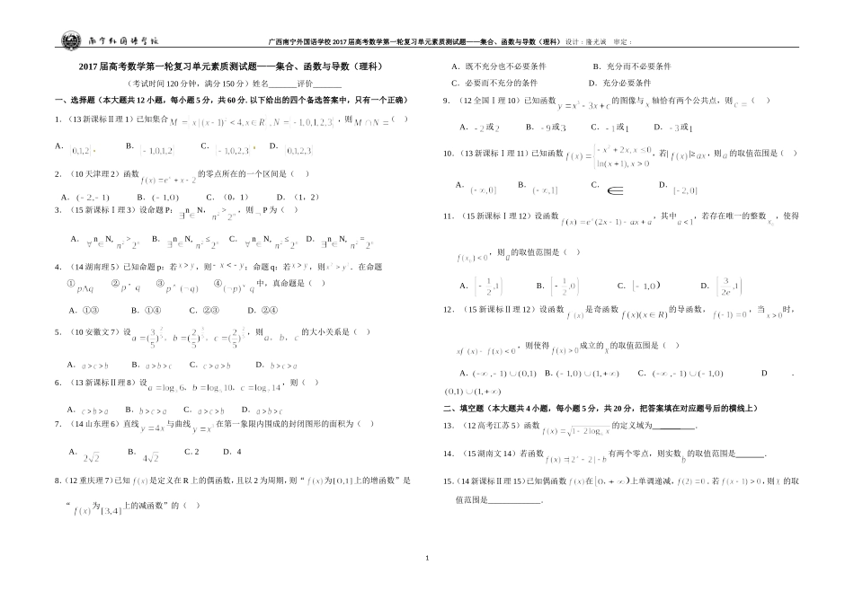 广西南宁外国语学校2017届数学高考第一轮复习单元素质测试题——集合、函数与导数（理科）_第1页