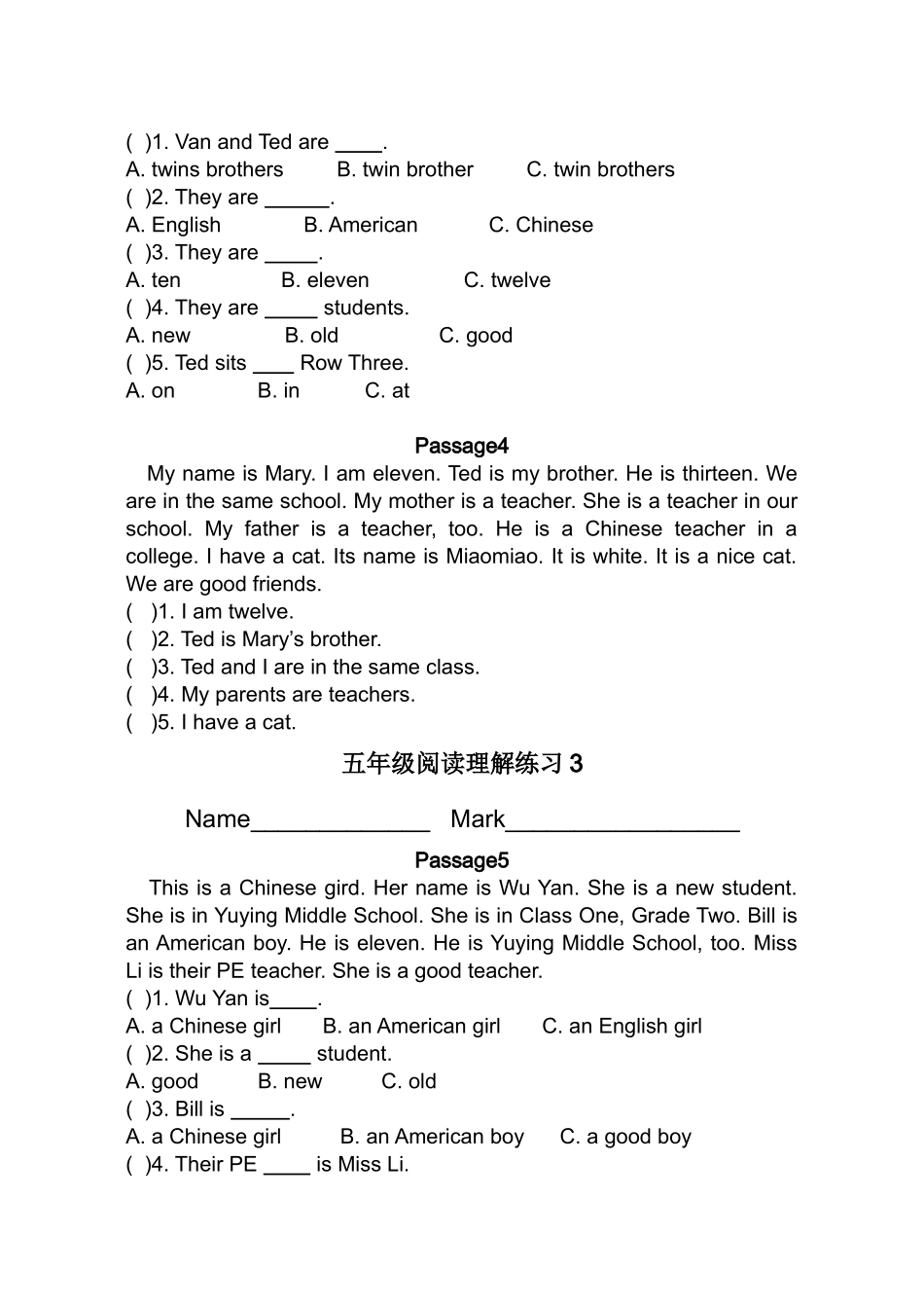 小学英语五年级阅读理解_,适应各个版本教材_第2页