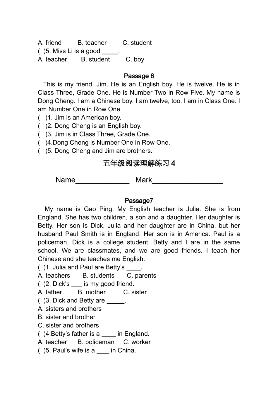 小学英语五年级阅读理解_,适应各个版本教材_第3页