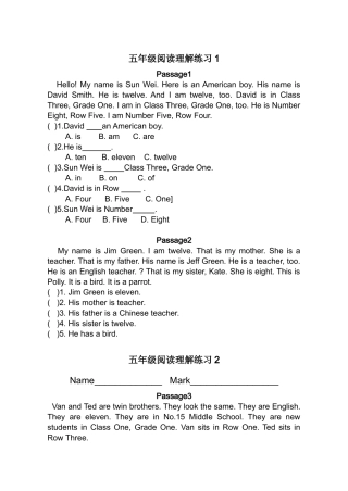 小学英语五年级阅读理解_,适应各个版本教材