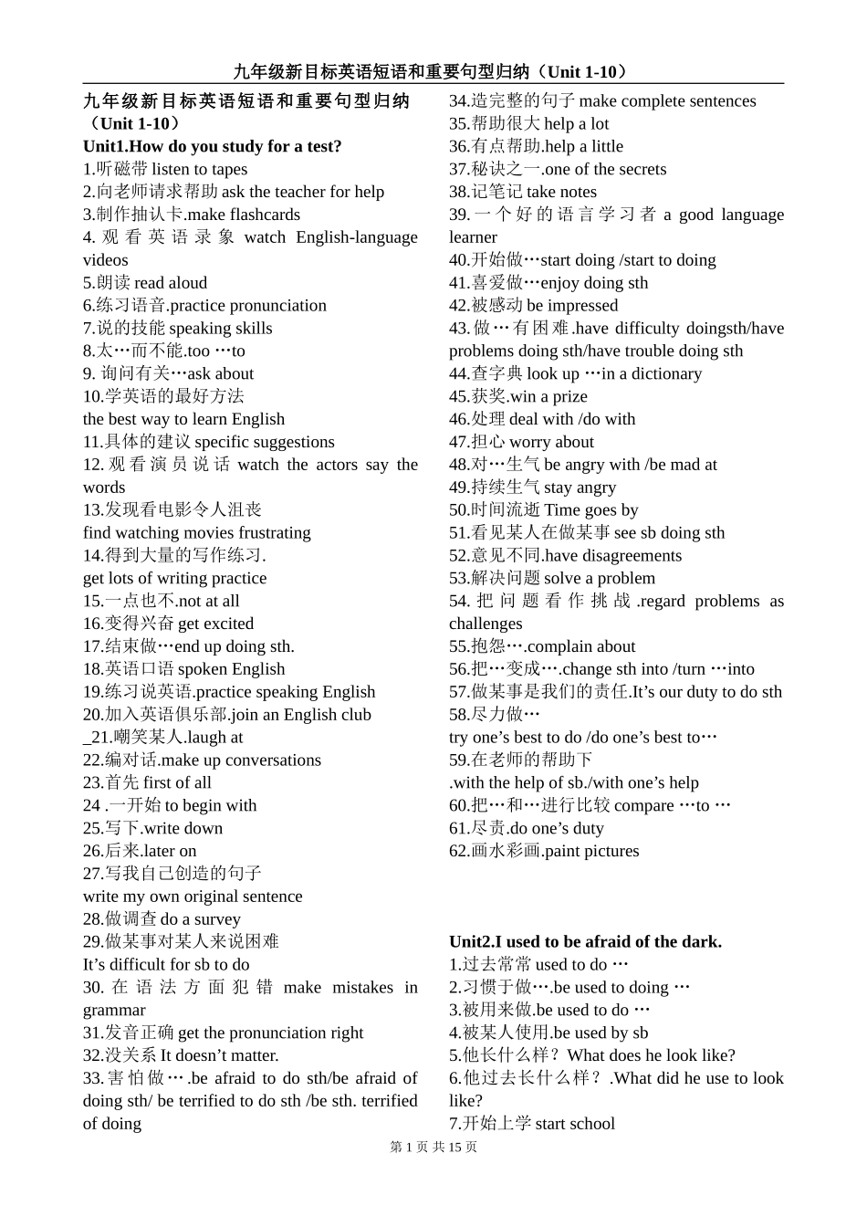 单元复习时编辑九年级新目标英语短语和重要句型归纳_第1页