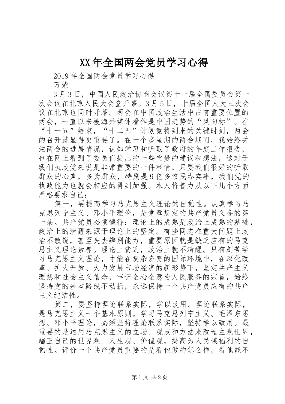 XX年全国两会党员学习心得_第1页